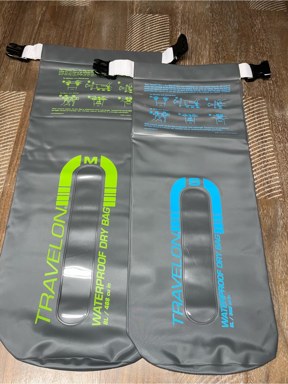 Lot of 2 Travelon 8L & 5L Dry Bags Gray Green Blue Roll Snap Buckle Close